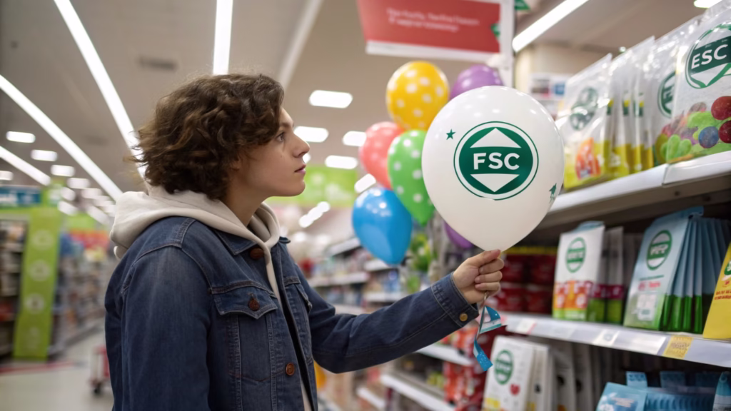 A customer choosing a pack of FSC-certified balloons over a cheaper, non-certified option