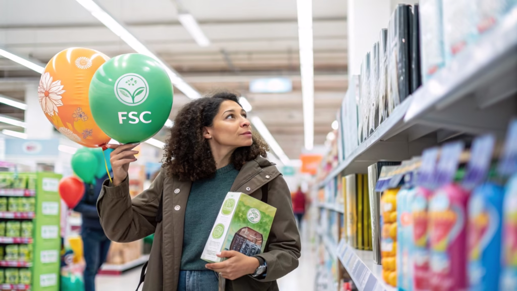 A customer in a store aisle choosing a package of eco-friendly balloons