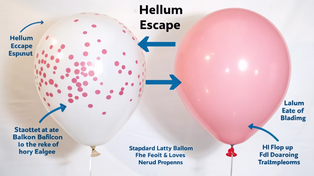 A diagram showing helium escaping a normal balloon vs. a Hi-Float treated balloon