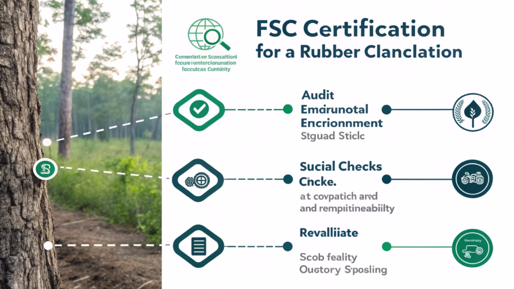 A flowchart or diagram illustrating the steps of the FSC certification process for a rubber plantation