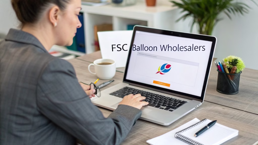 A person on a laptop searching for balloon suppliers