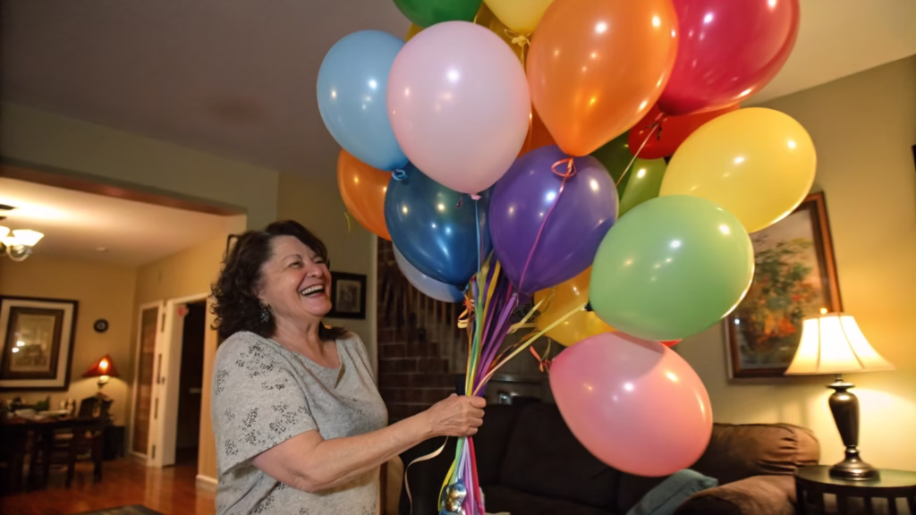 A photo of a happy customer with a week-old, still floating balloon bouquet