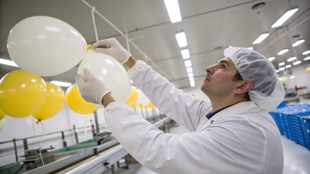 A quality control inspector examining balloons in a factory