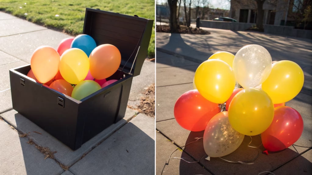 A side-by-side comparison showing vibrant balloons from a dark box and faded, brittle balloons left in the sun.