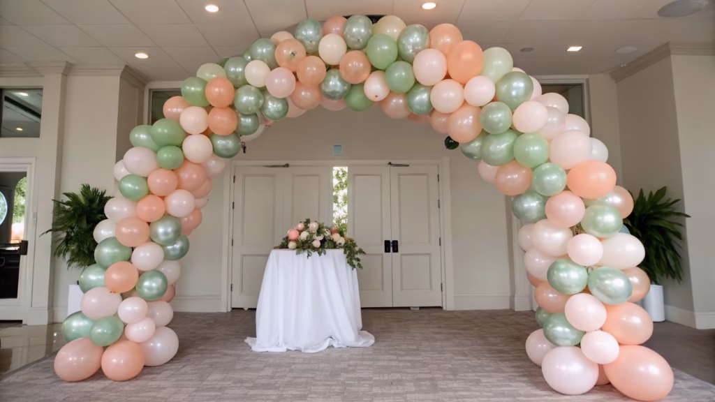 A stunning balloon arch with custom, muted colors created by double-stuffing