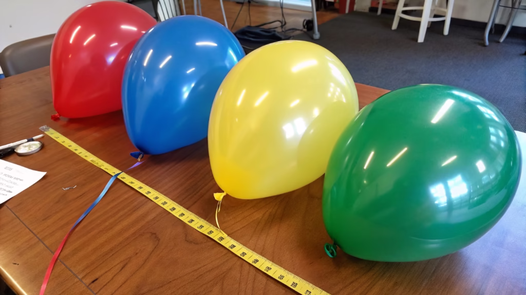 A variety of colorful latex balloons with different finishes laid out on a table