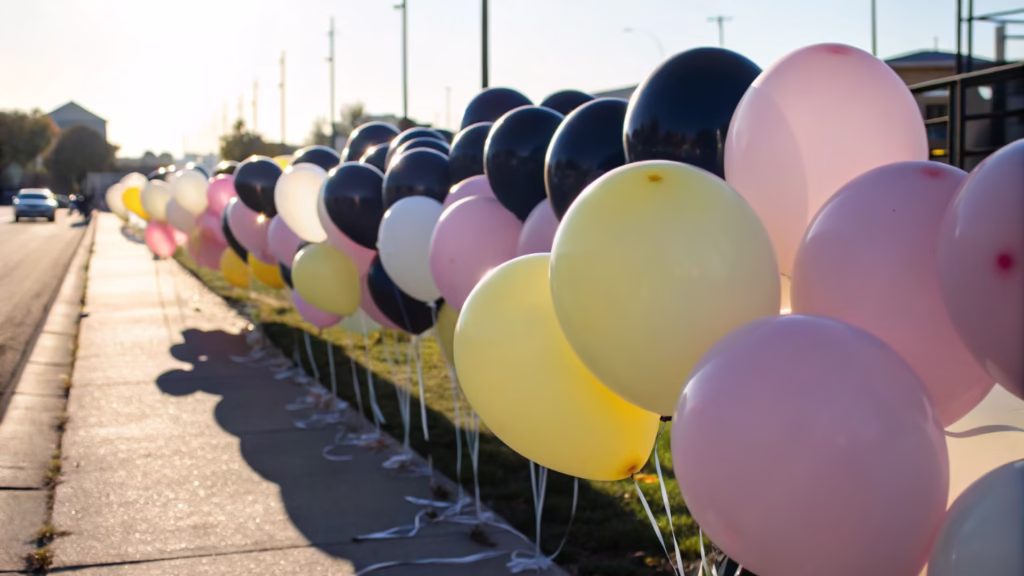 A vibrant mix of dark and light colored balloons arranged outdoors on a sunny day