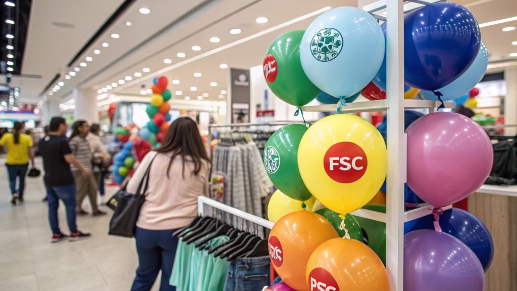 An FSC-certified balloon display in a retail store with prominent logos