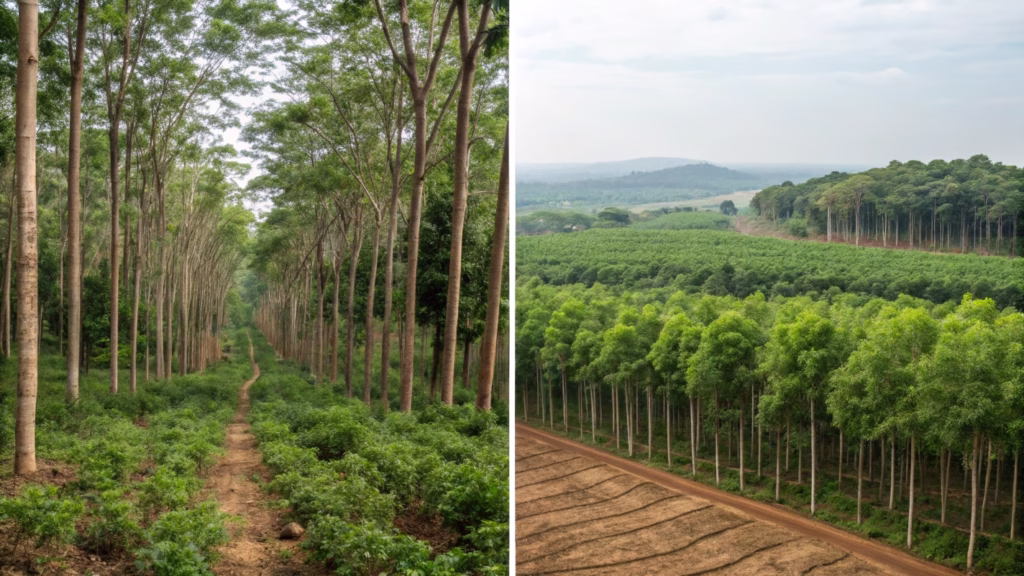 An image comparing a dense, biodiverse FSC-certified rubber plantation with a cleared area for a standard plantation