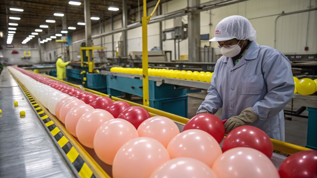 A factory worker overseeing the balloon dipping process