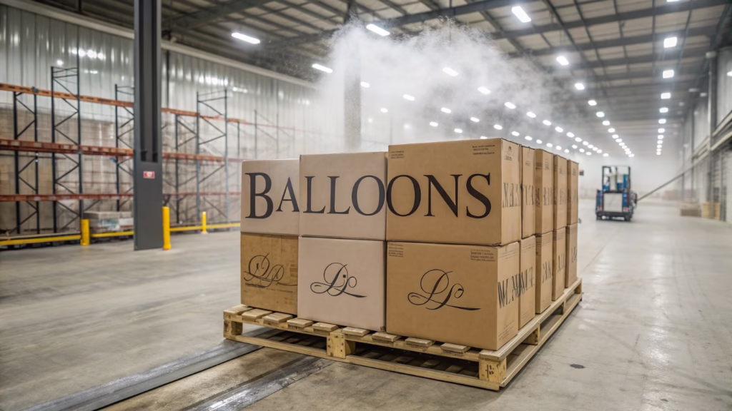 Boxes of bulk balloon shipments in a cold warehouse