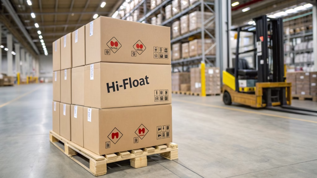 Boxes of Hi-Float on a pallet ready for shipping in a warehouse