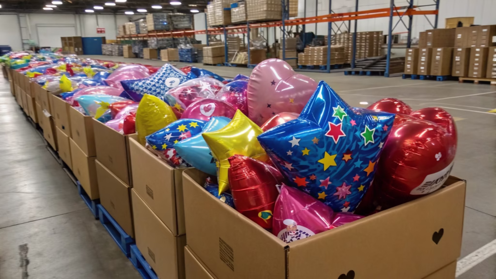 A bulk order of shiny Mylar foil balloons in different shapes and colors