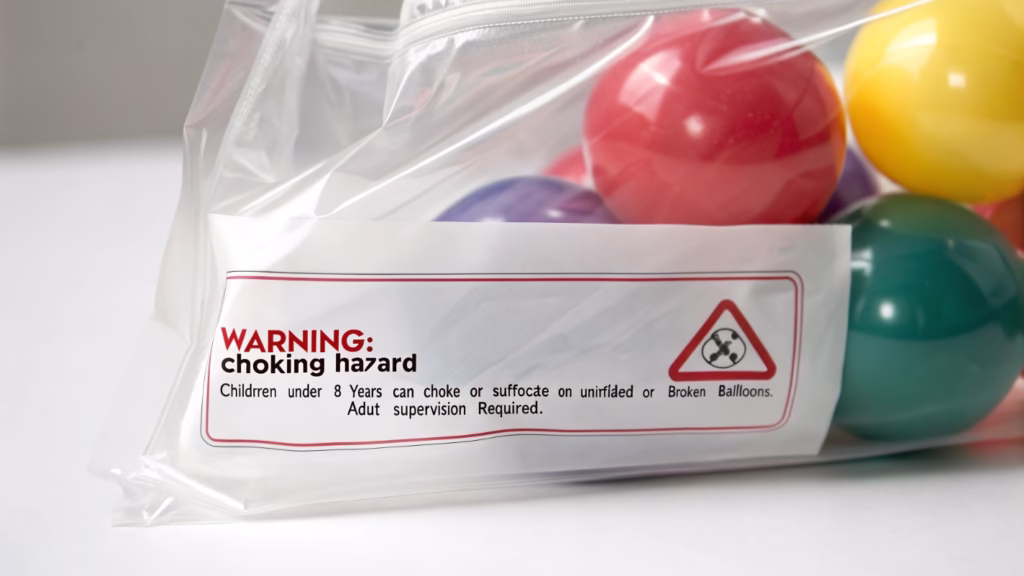 Close-up of a balloon package showing a CPSC warning label