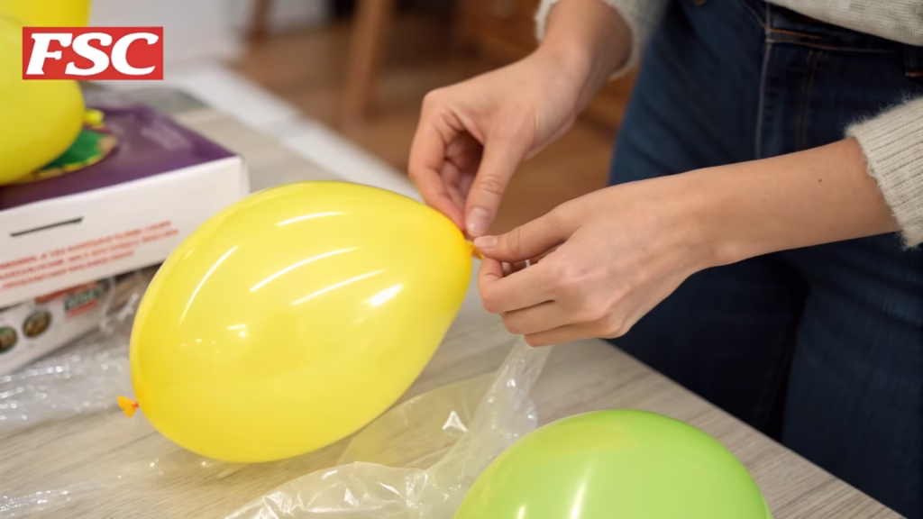 A hand holding a brittle and discolored old latex balloon