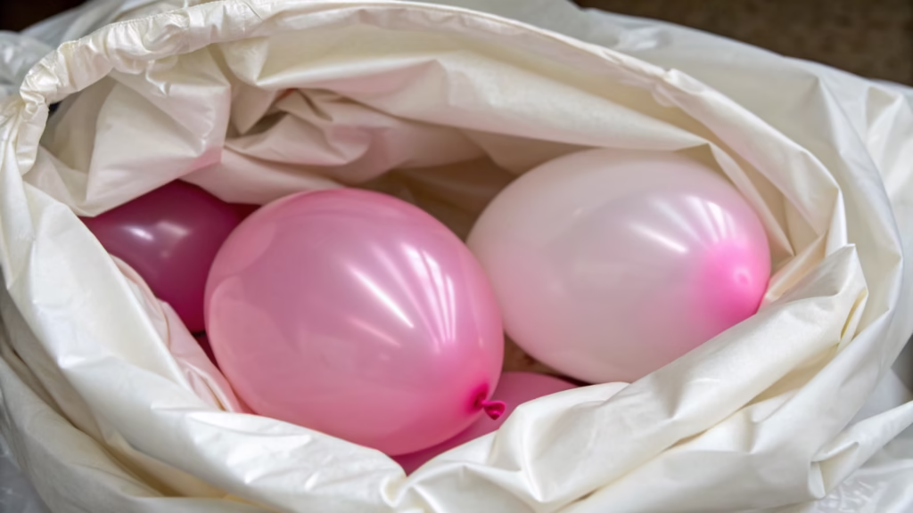 Close-up shot of a non-inflated balloon stuffed inside another balloon of a different color