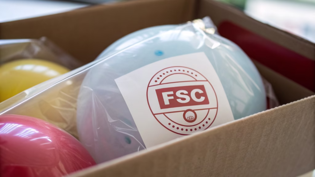 Close-up shot of an FSC label on a balloon package