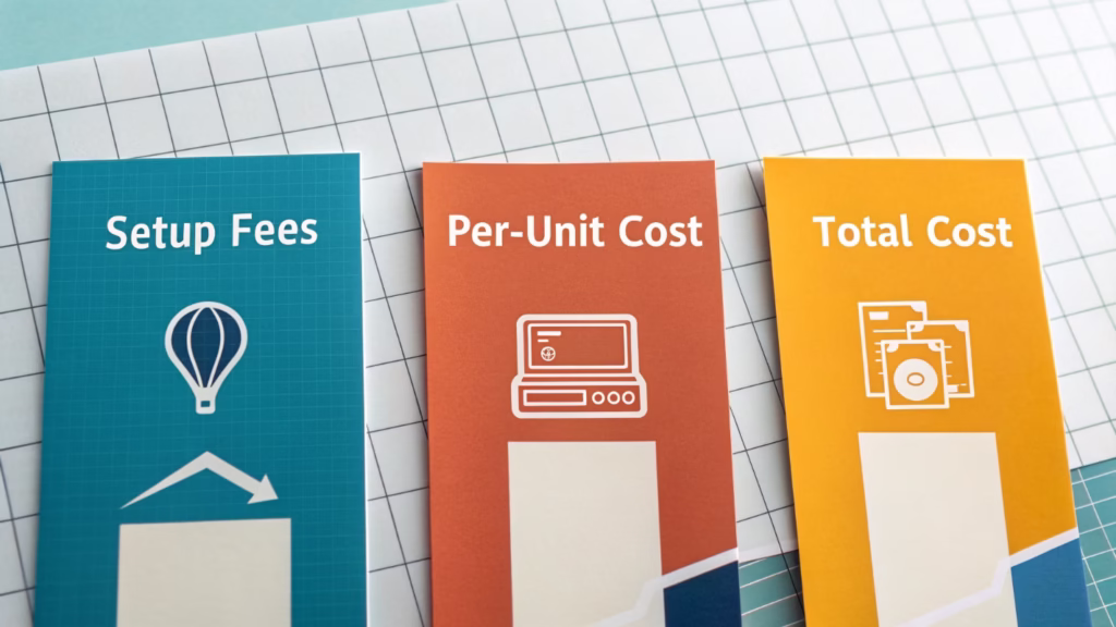 A graphic illustrating cost breakdown: setup fees, per-unit cost, and total cost