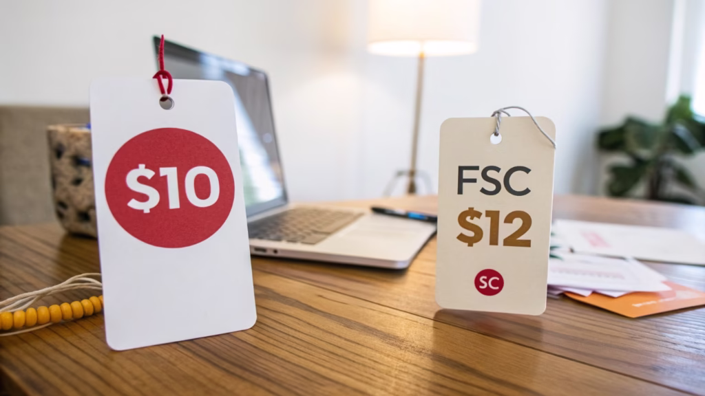 A side-by-side comparison of price tags for standard and FSC balloons