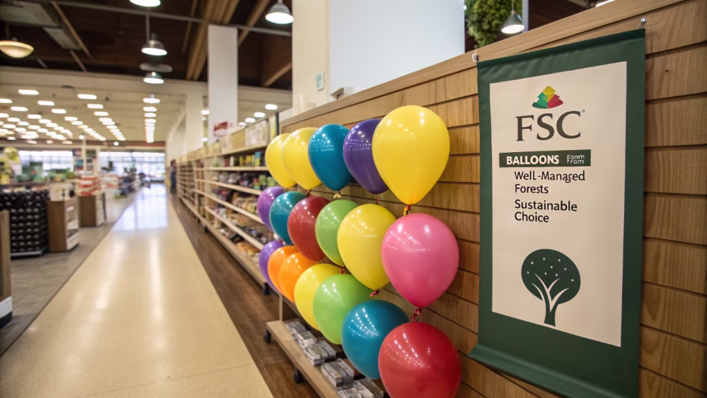 In-store display with a sign explaining the FSC logo next to balloons