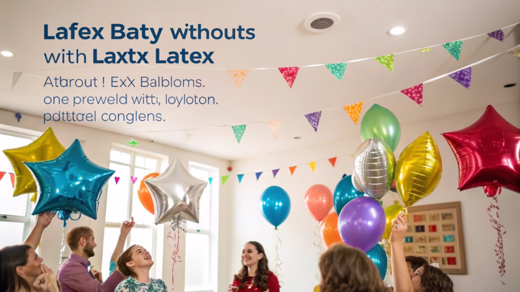 A festive party scene without any latex balloons, featuring foil balloons and paper decorations