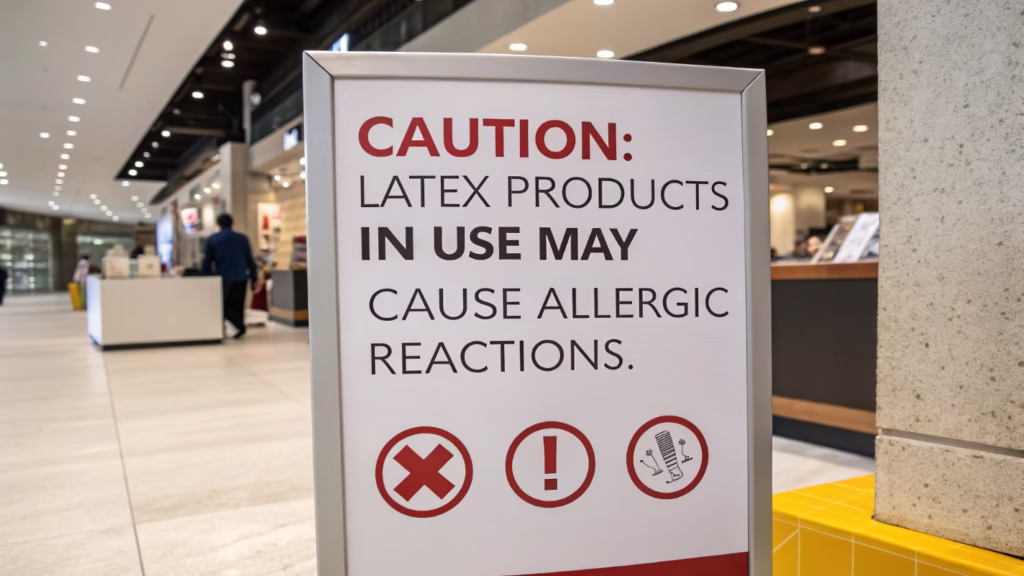 A warning sign about latex products in a commercial setting