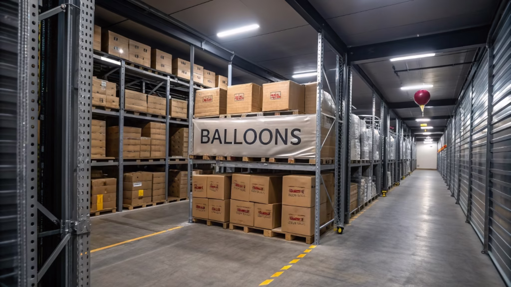 A clean and organized warehouse with boxes of balloons on shelves
