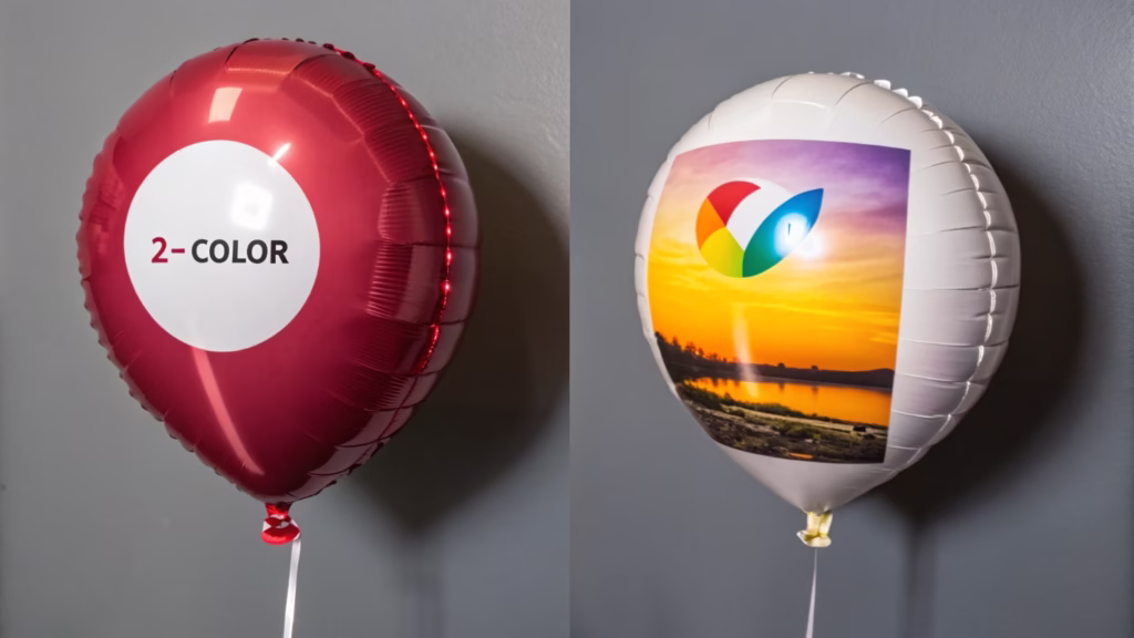 Side-by-side comparison of a screen-printed balloon and a digitally printed balloon
