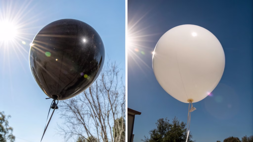Side-by-side comparison of a black balloon and a white balloon in direct sunlight