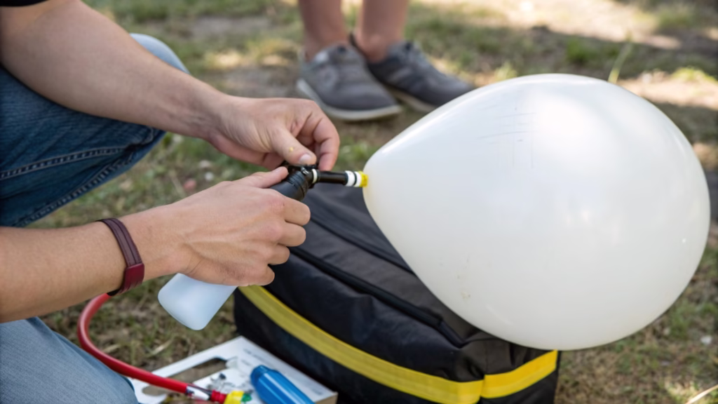 Someone inflating a balloon, not to its full capacity