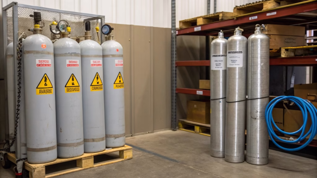 A warehouse with a designated, chained-off area for helium tanks next to a small shelf with electric air inflators