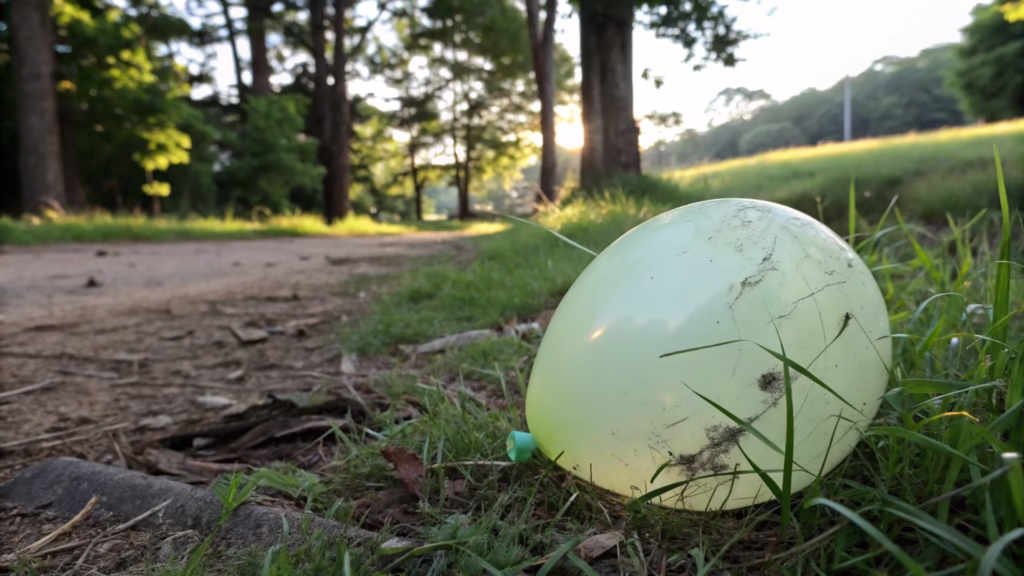 An image showing a latex balloon in different stages of natural decomposition over time