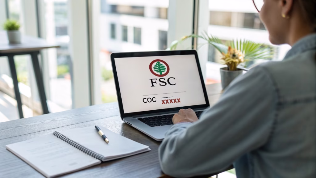 A person on a laptop viewing a supplier's FSC certificate online