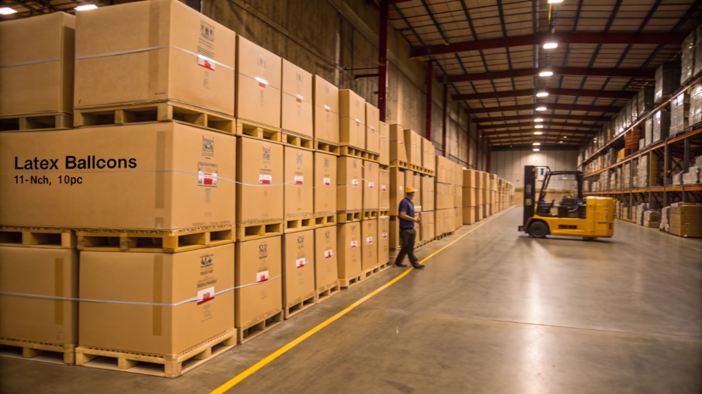 Warehouse aisle with neatly stacked master cartons of bulk-packaged balloons