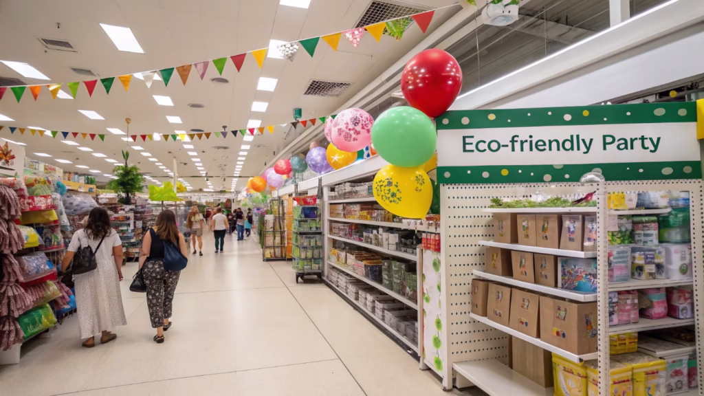 A bustling party supplies aisle in a store, with a section clearly marked 