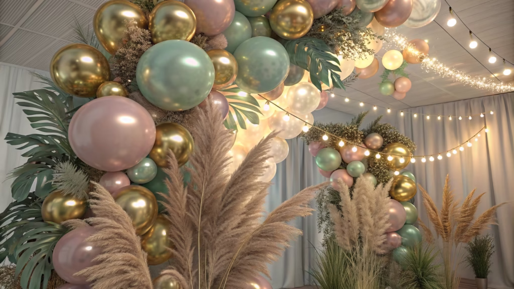 chrome and macaron balloon garland with lights