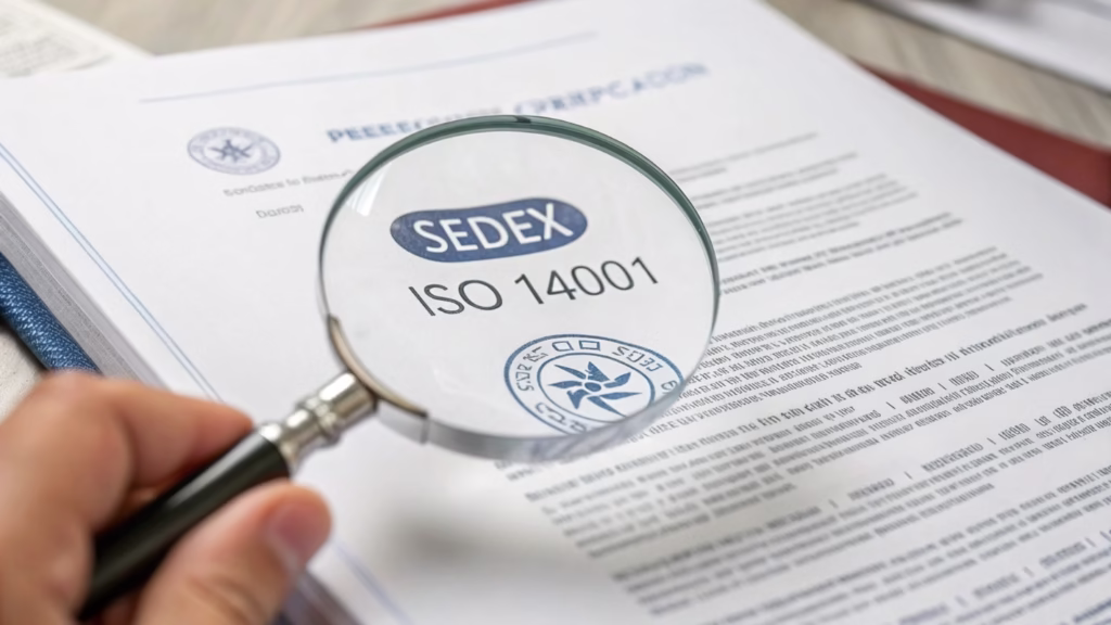 A document with a magnifying glass over it, showing a certification seal like Sedex or ISO