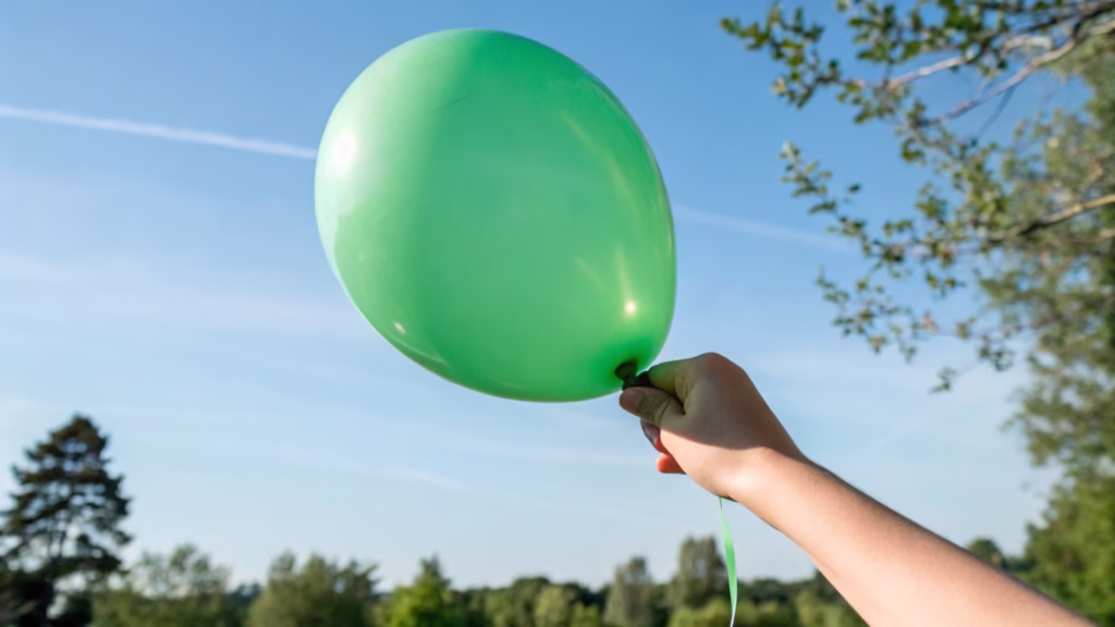 A hand holding a green, eco-friendly latex balloon against a blue sky
