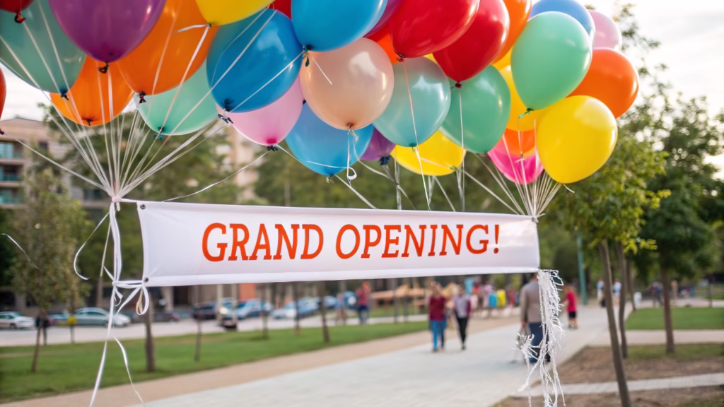 A large cluster of balloons lifting a small promotional banner