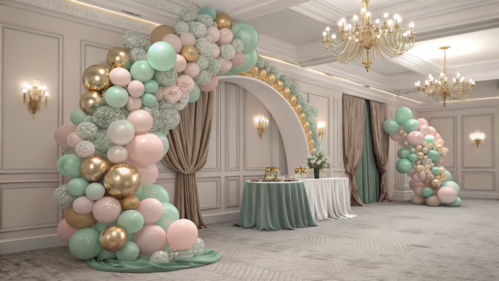 organic balloon garland with matte and chrome finishes