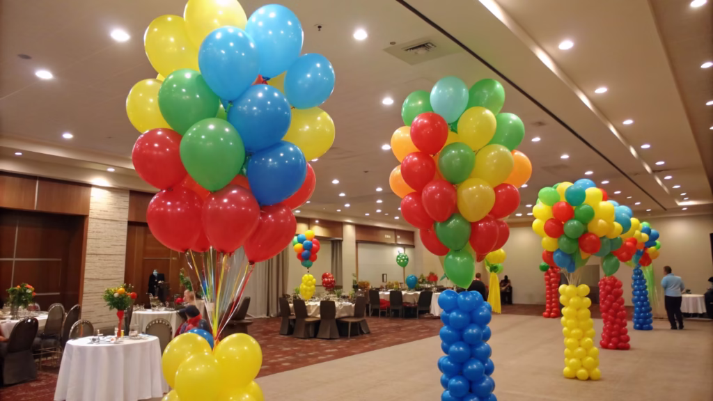 A room with perfectly inflated latex balloons at a party