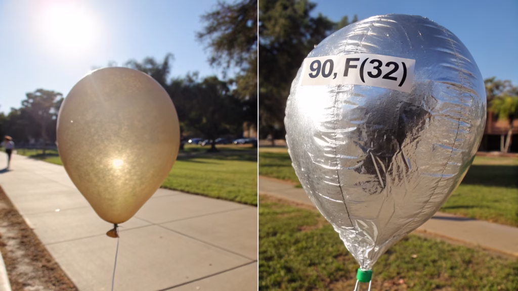 A side-by-side comparison of a latex and a foil balloon in the sun
