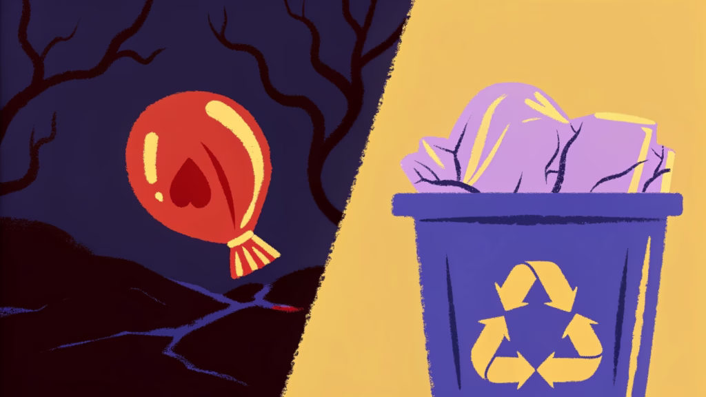 A split image showing a latex balloon decomposing like a leaf on one side, and a mylar balloon in a recycling bin on the other