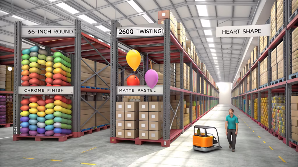 warehouse shelves with colorful balloon boxes