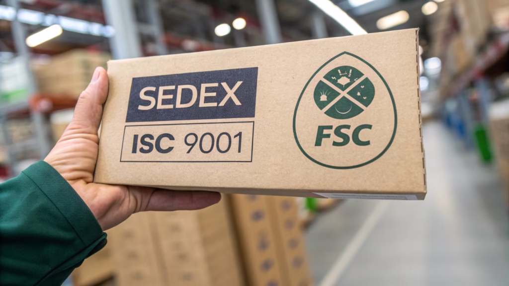 Close-up of certification logos like Sedex, ISO 9001, and FSC on a product's packaging