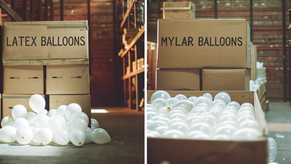 An image of a warehouse with boxes of latex balloons stacked next to boxes of Mylar balloons