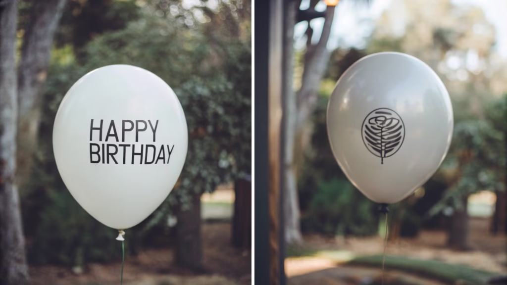 An image showing a custom-printed Mylar balloon with a company logo next to a simple one-color print on a latex balloon