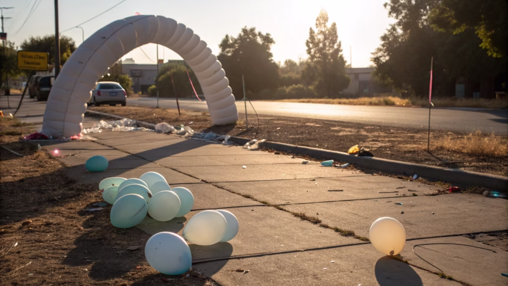 Deflated and popped balloons in a hot outdoor setting