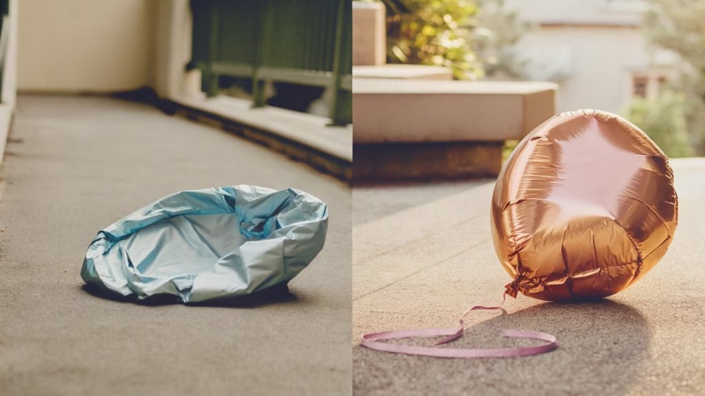 A photo showing a Mylar balloon still floating perfectly after a week, next to a deflated latex balloon