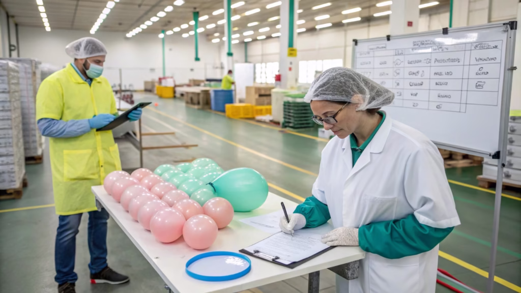 A factory manager showing a procurement manager their quality control process for compostable balloons